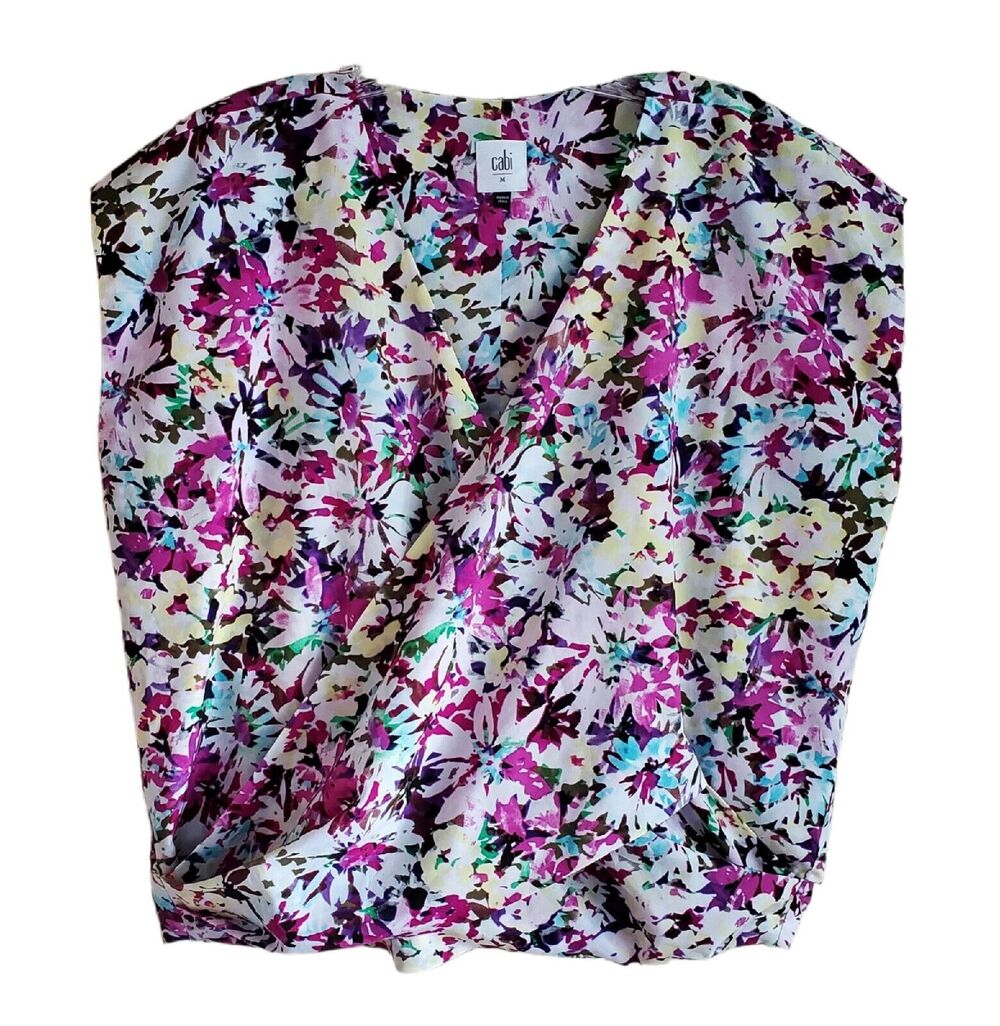 CABI Women M Eden Floral Top V-Neck Back Slit Snaps Purple Yellow Pink Bust 44"